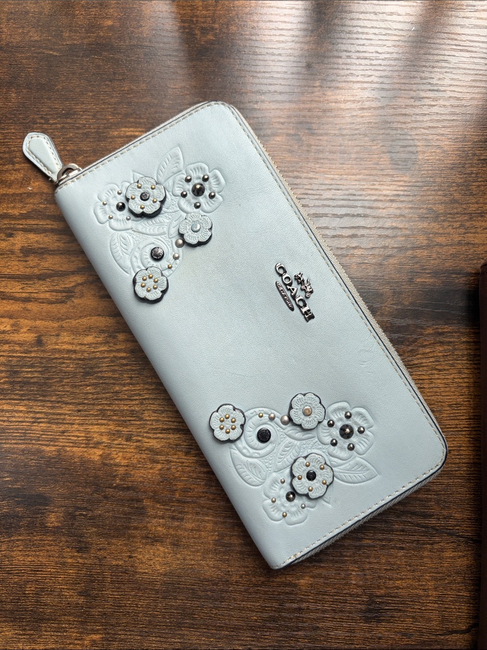 Coach Light Blue Floral Zip-Around Wallet with Stud Accents